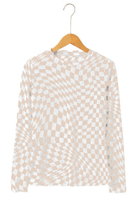 Black Checkered Pattern Mesh Long Sleeve Top