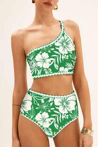 Green Floral Print One Shoulder High Waist Bikini Set