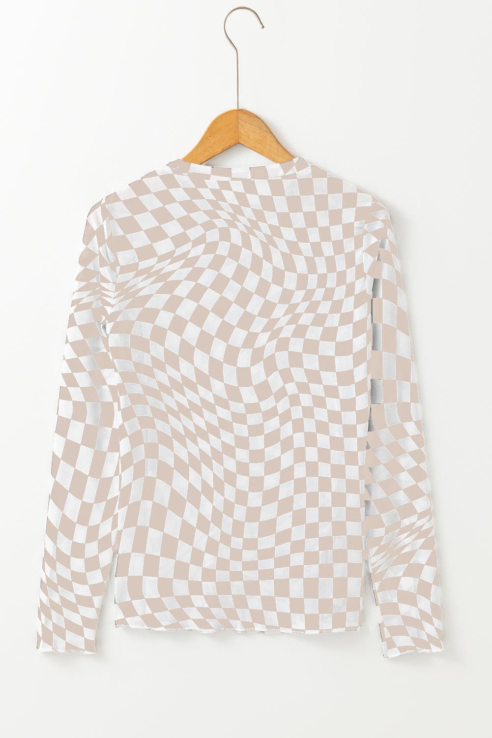 Black Checkered Pattern Mesh Long Sleeve Top