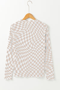 Black Checkered Pattern Mesh Long Sleeve Top