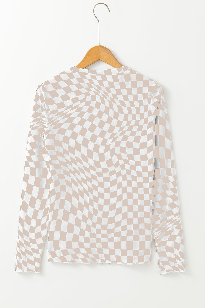 Black Checkered Pattern Mesh Long Sleeve Top