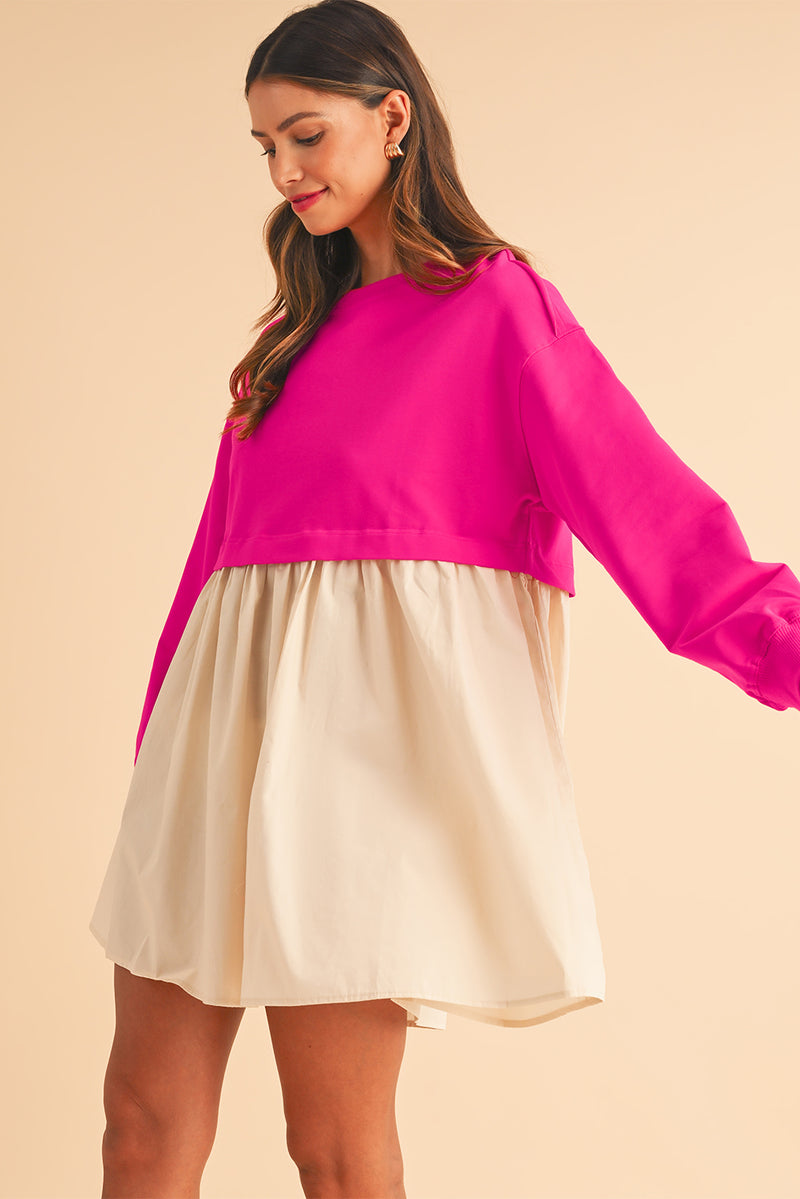 Khaki Sweatshirt Colorblock Flowy Pleated Mini Dress