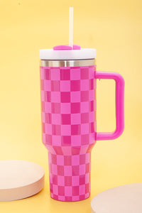 Bright Pink Checkered Print Handled Stainless Steel Tumbler Cup 40oz