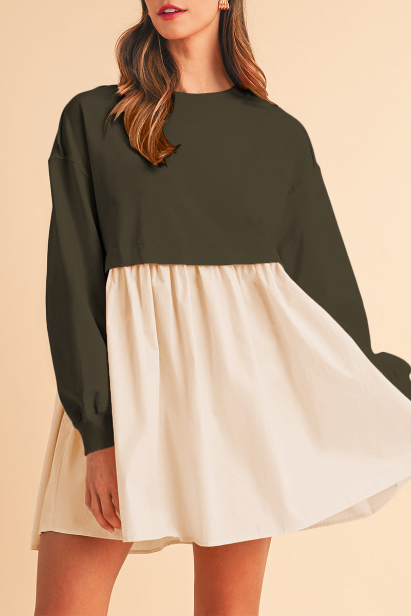 Khaki Sweatshirt Colorblock Flowy Pleated Mini Dress