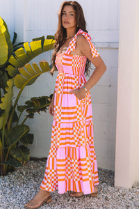 Pink Boho Gingham Tied Straps Smocked Maxi Dress