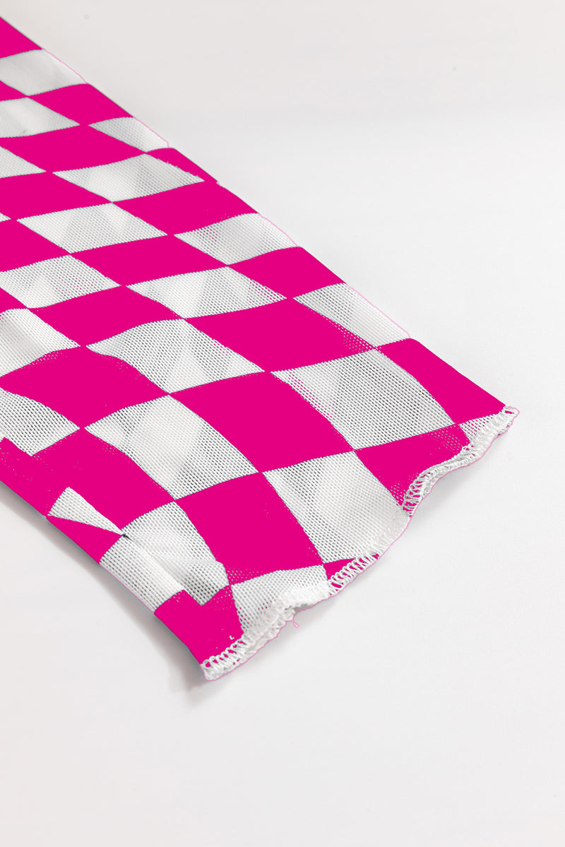 Black Checkered Pattern Mesh Long Sleeve Top