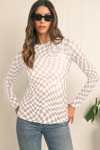 Black Checkered Pattern Mesh Long Sleeve Top