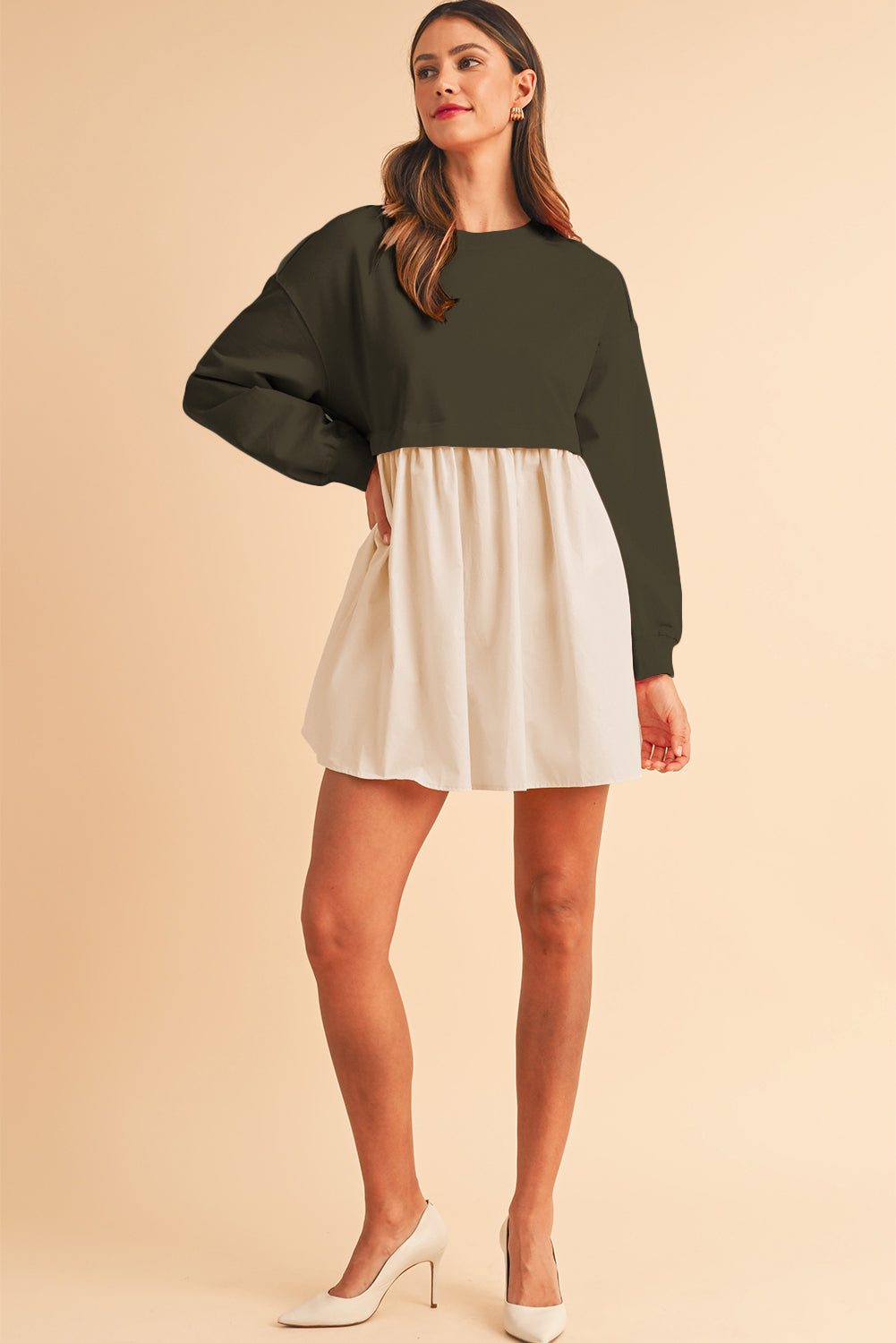Khaki Sweatshirt Colorblock Flowy Pleated Mini Dress