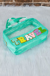 Mint Green TRAVEL Chenille Letter Clear PVC Makeup Bag