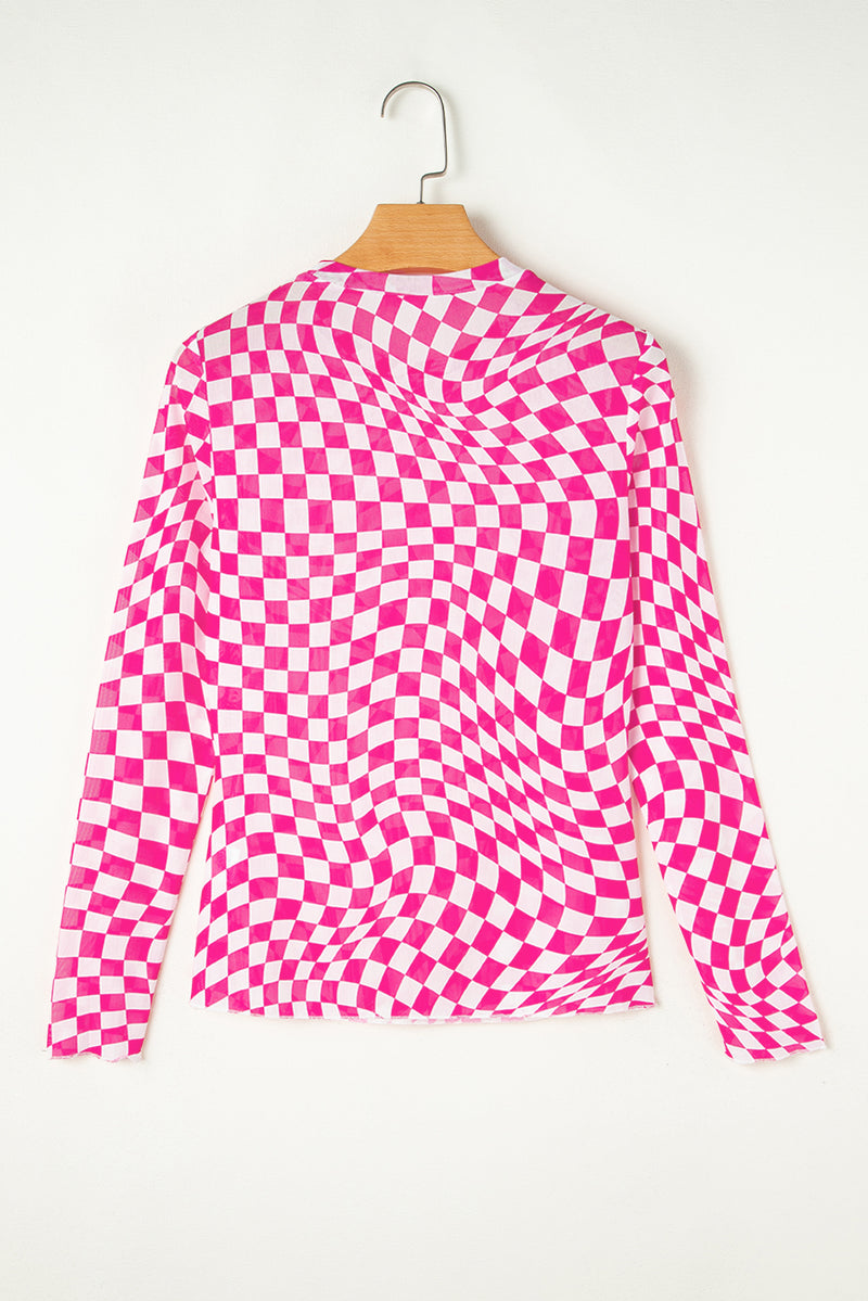 Black Checkered Pattern Mesh Long Sleeve Top
