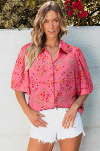 Rose Red Floral Print Wide Short Sleeve Loose Shirt
