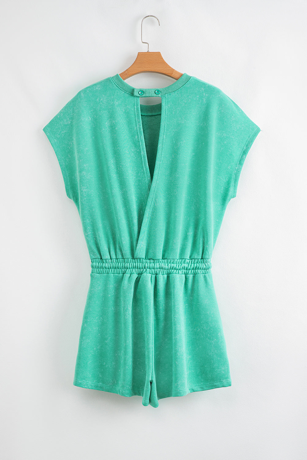 Sea Green Mineral Wash Drawstring Waist Hollow Out Back Short Sleeve Romper