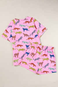 Pink Flower Print Short Sleeve High Waist Two Piece Shorts Set